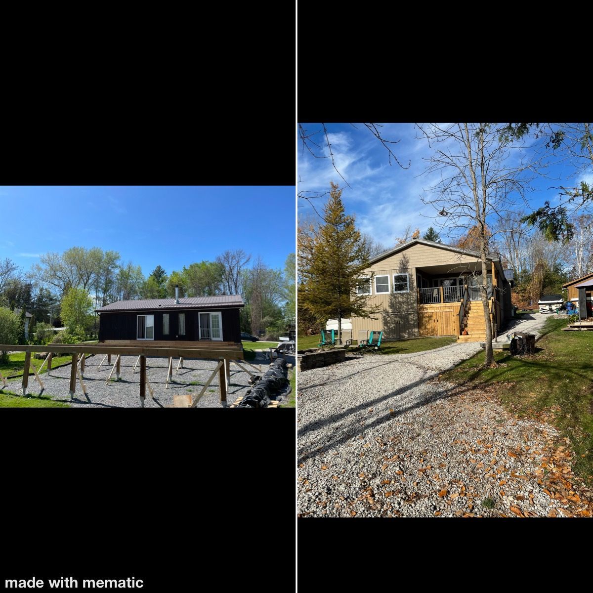 A before and after picture of a house with a gravel driveway.