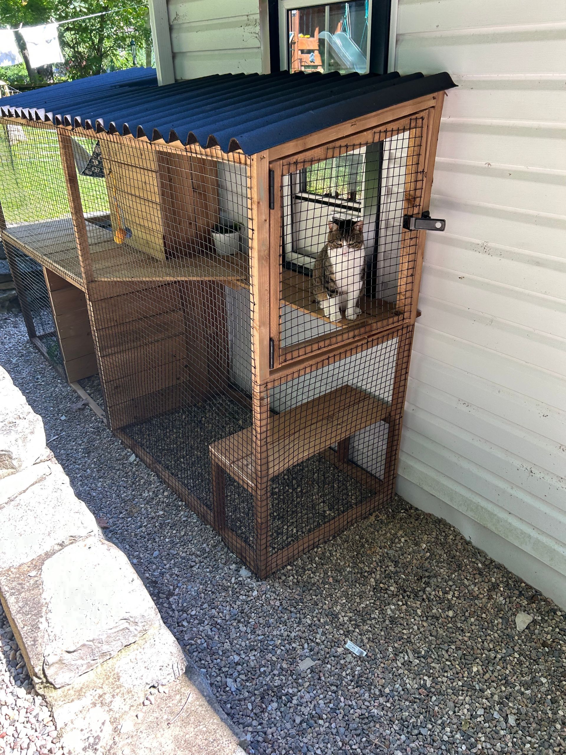 A cat cage is sitting on the side of a house.