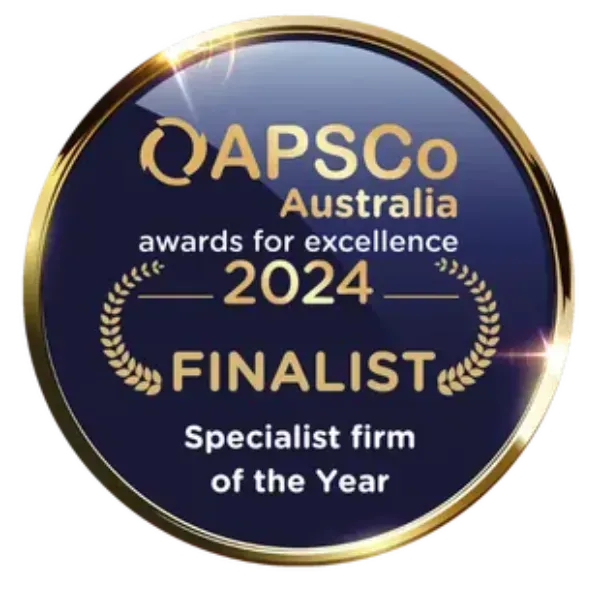 QAPSCo Australia 2024 awards for excellence finalist badge, specialist firm of the year, navy and gold