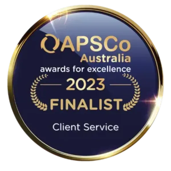 QAPSCo Australia 2023 finalist award badge for client service, navy and gold circular design