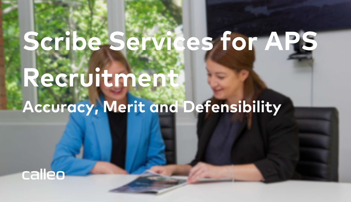 Two women reviewing documents at a table. Text: Scribe Services for APS Recruitment. Accuracy, Merit