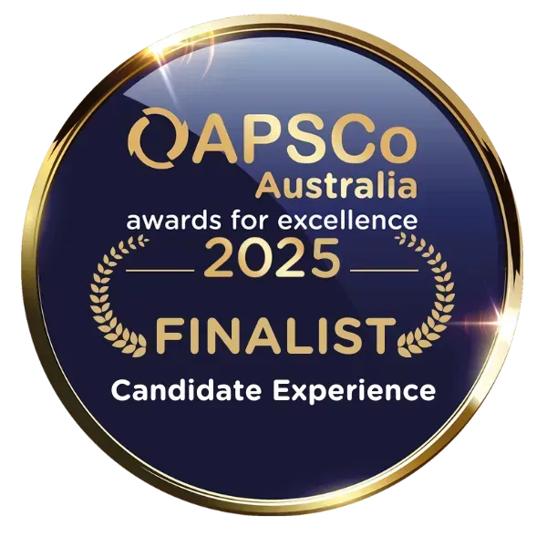 QAPSCo Australia 2025 awards for excellence finalist badge, gold and navy, Candidate Experience