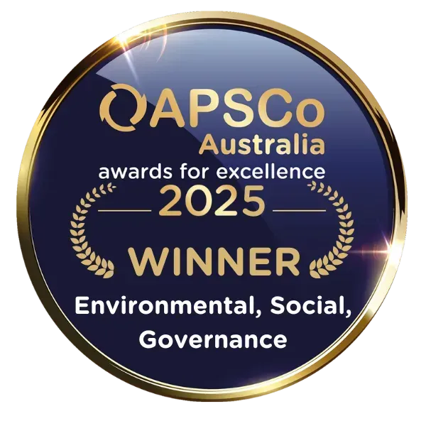 QAPSCo Australia 2025 WINNER badge for Environmental, Social, Governance in gold and navy blue