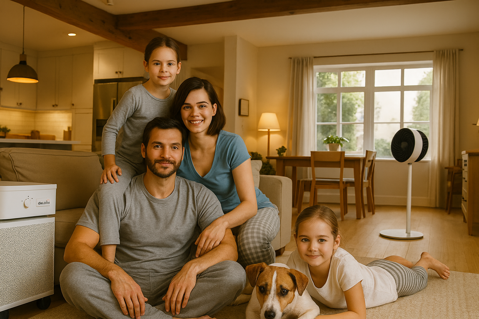 Family in open concept living space relaxing with their dog. 