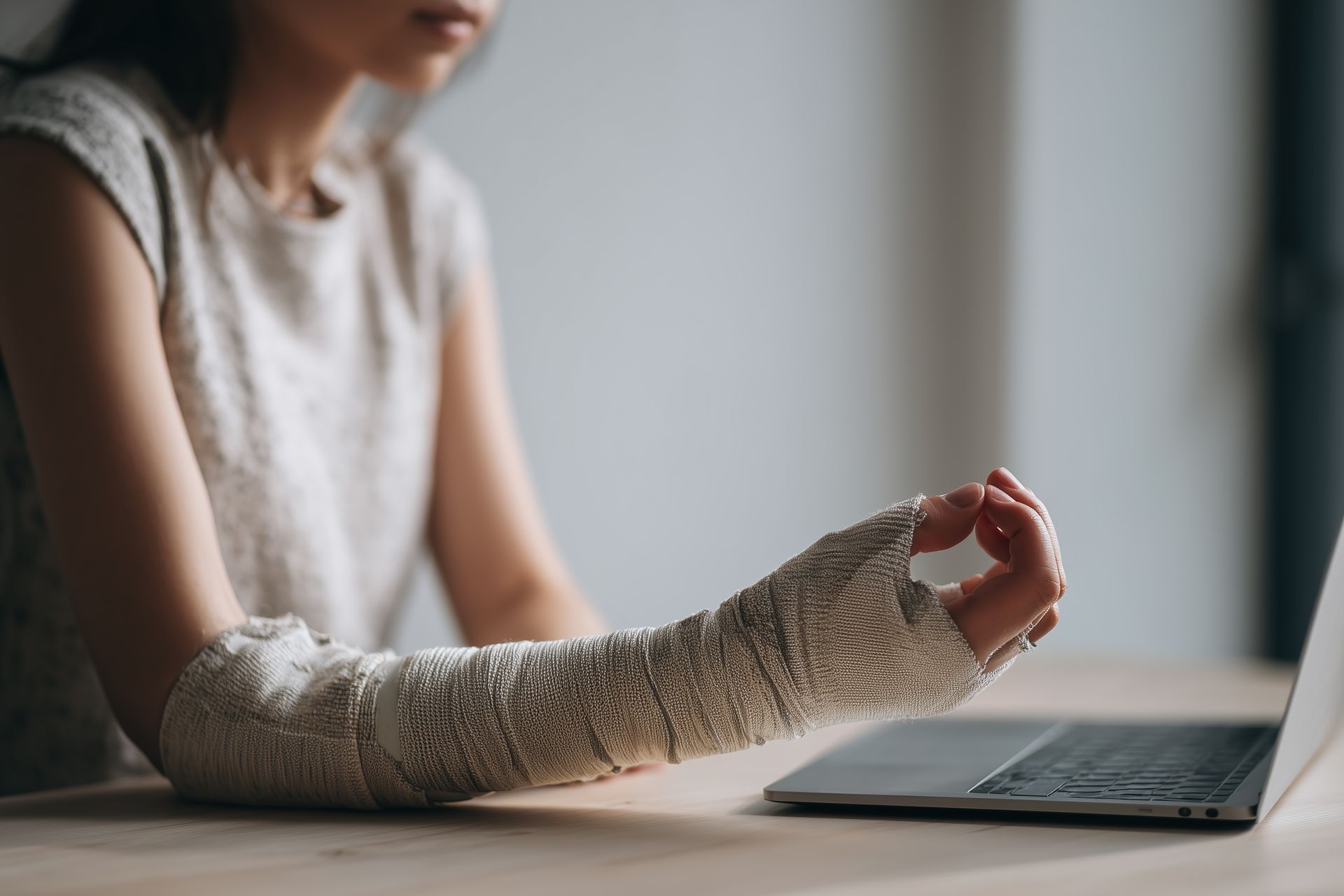 Woman with arm cast using laptop.