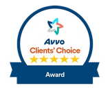 Avvo Clients' Choice Award badge with a blue ribbon, a star logo, and five gold stars.