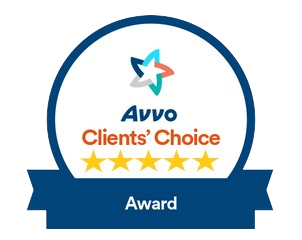 Avvo Clients' Choice Award badge with a blue ribbon, a star logo, and five gold stars.