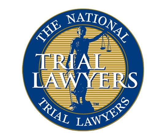 Blue and gold seal: The National Trial Lawyers logo with Lady Justice holding scales.