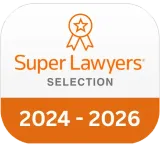 Super Lawyers selection badge, orange and white, 2024-2026. Features a ribbon icon with a star.