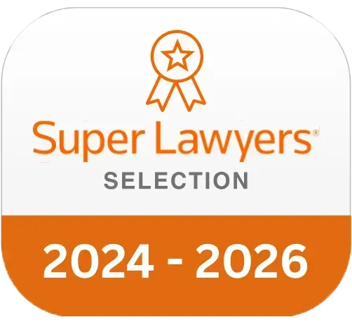 Super Lawyers selection badge, orange and white, 2024-2026. Features a ribbon icon with a star.