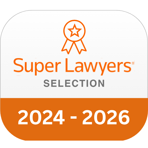 Super Lawyers Selection badge: orange and white logo indicating recognition from 2024-2026.
