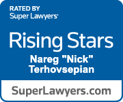 Blue badge: "Rising Stars" award from Super Lawyers for Nareg "Nick" Terhovsepian.