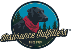 The logo for insurance outfitters shows a black dog wearing a red scarf