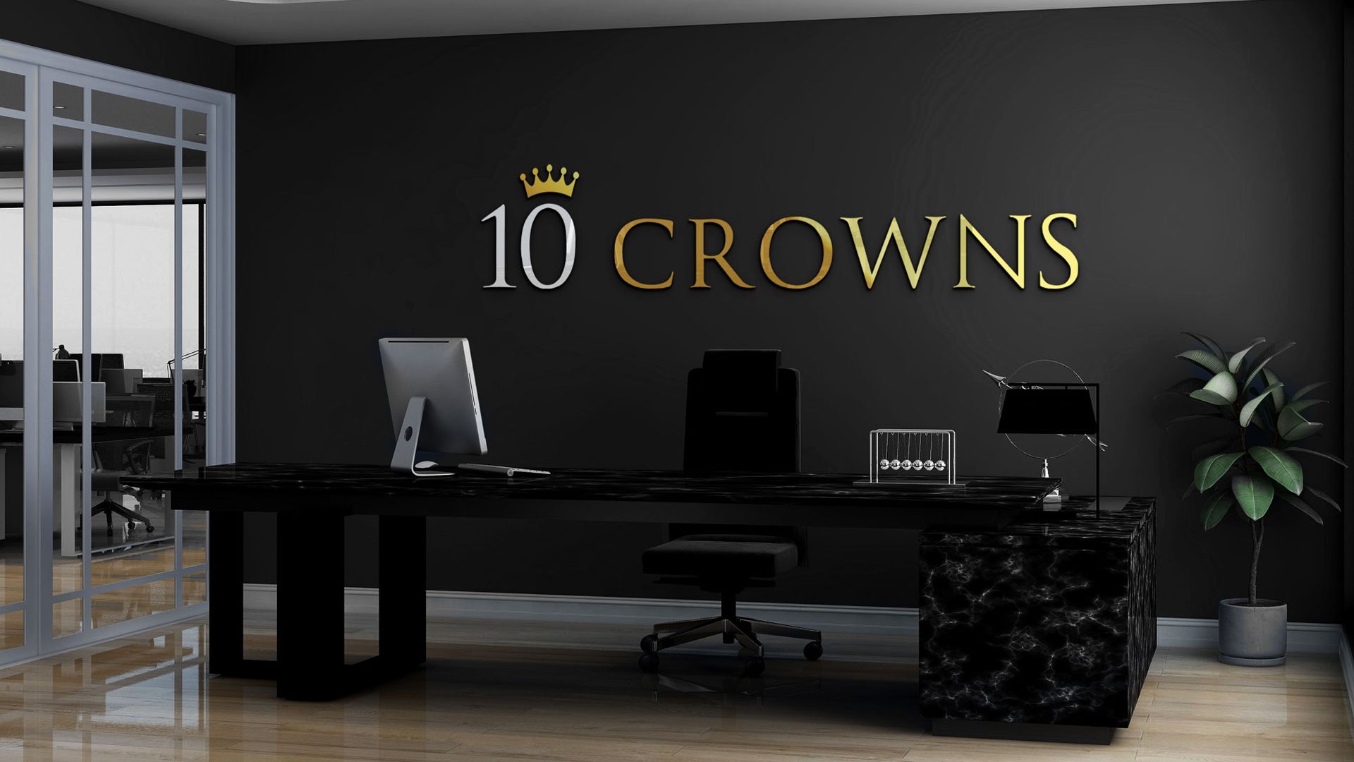 An office with the 10 crowns logo on the wall