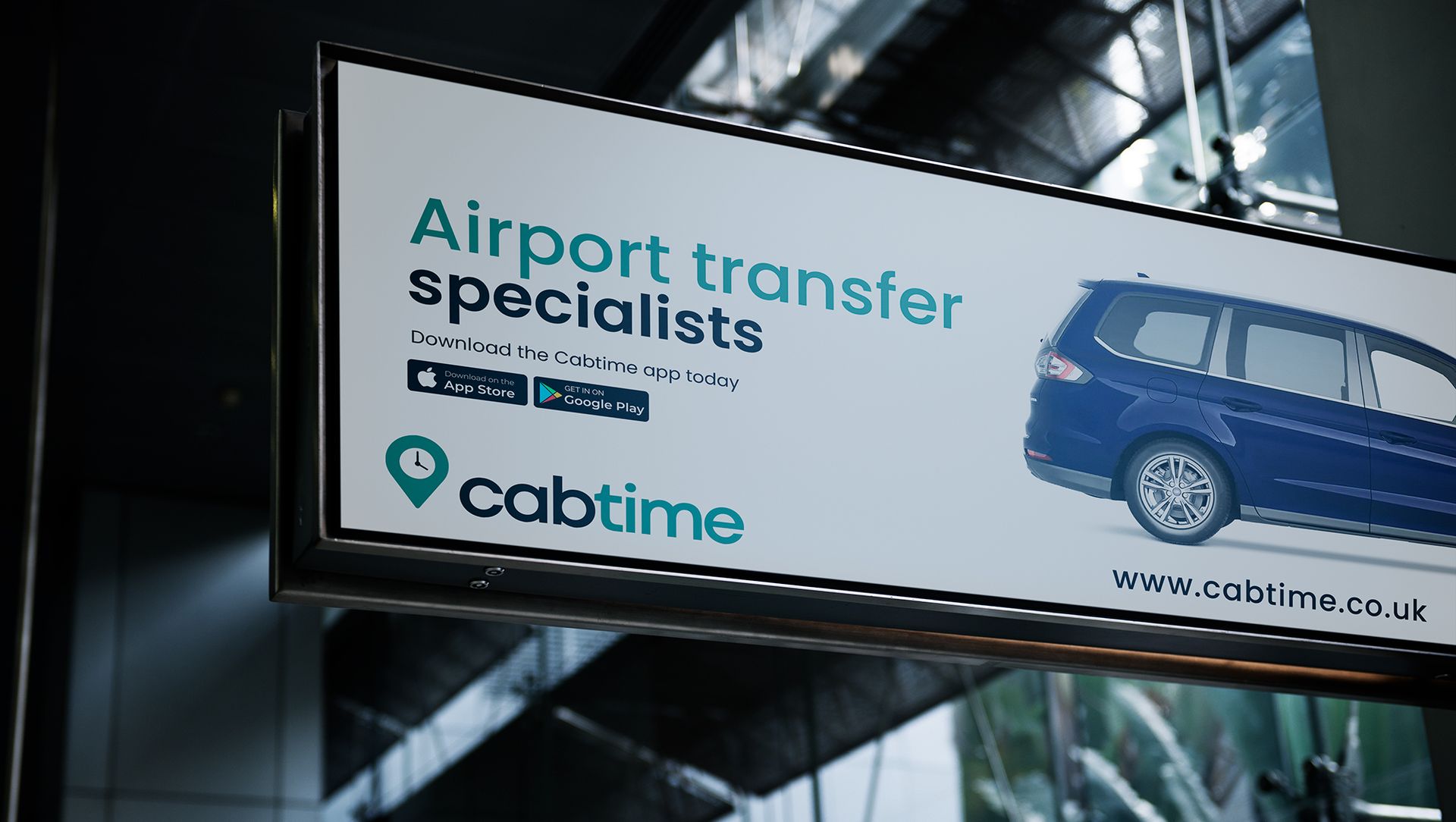 A  billboard advertising airport transfer specialists CabTime