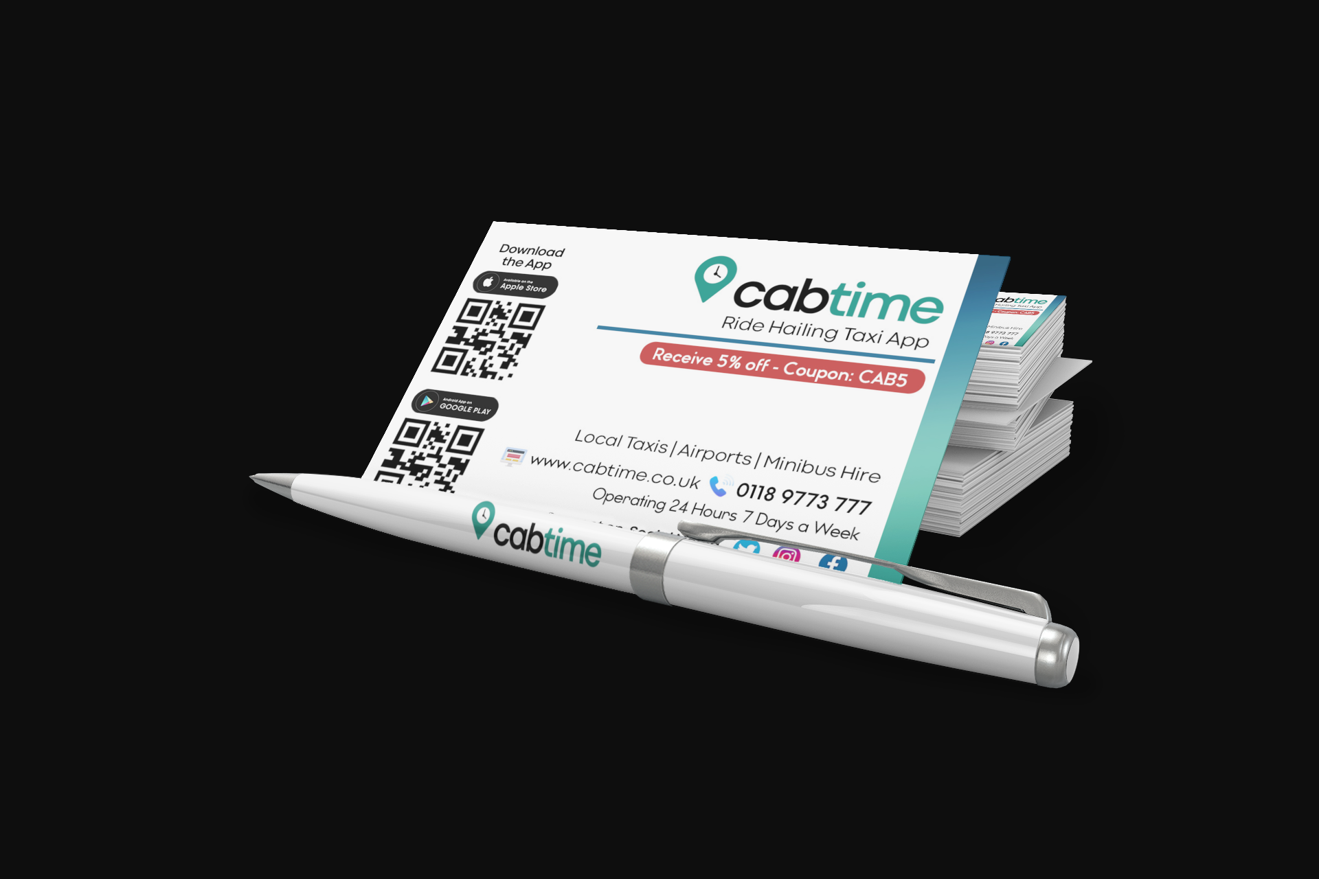 A stack of CabTime business cards a pen