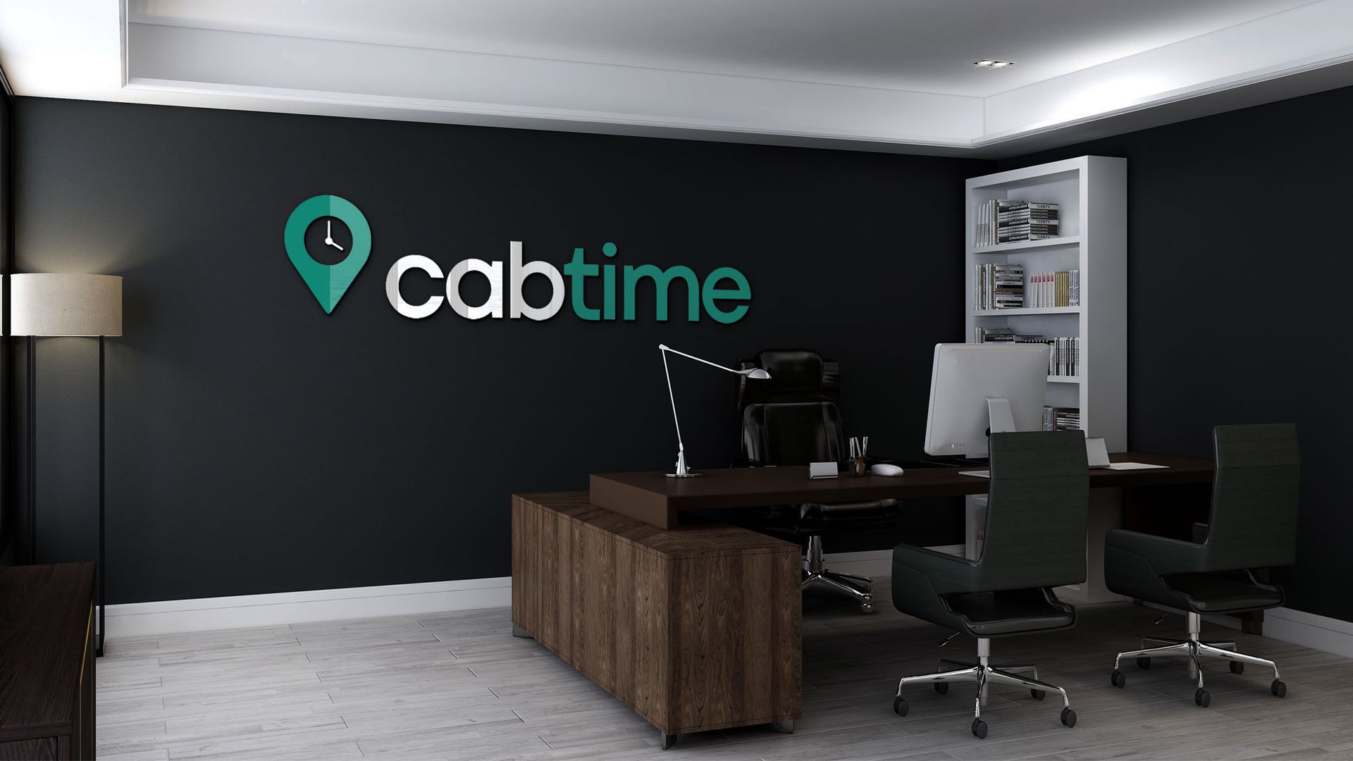 an office with the logo CabTime on the wall