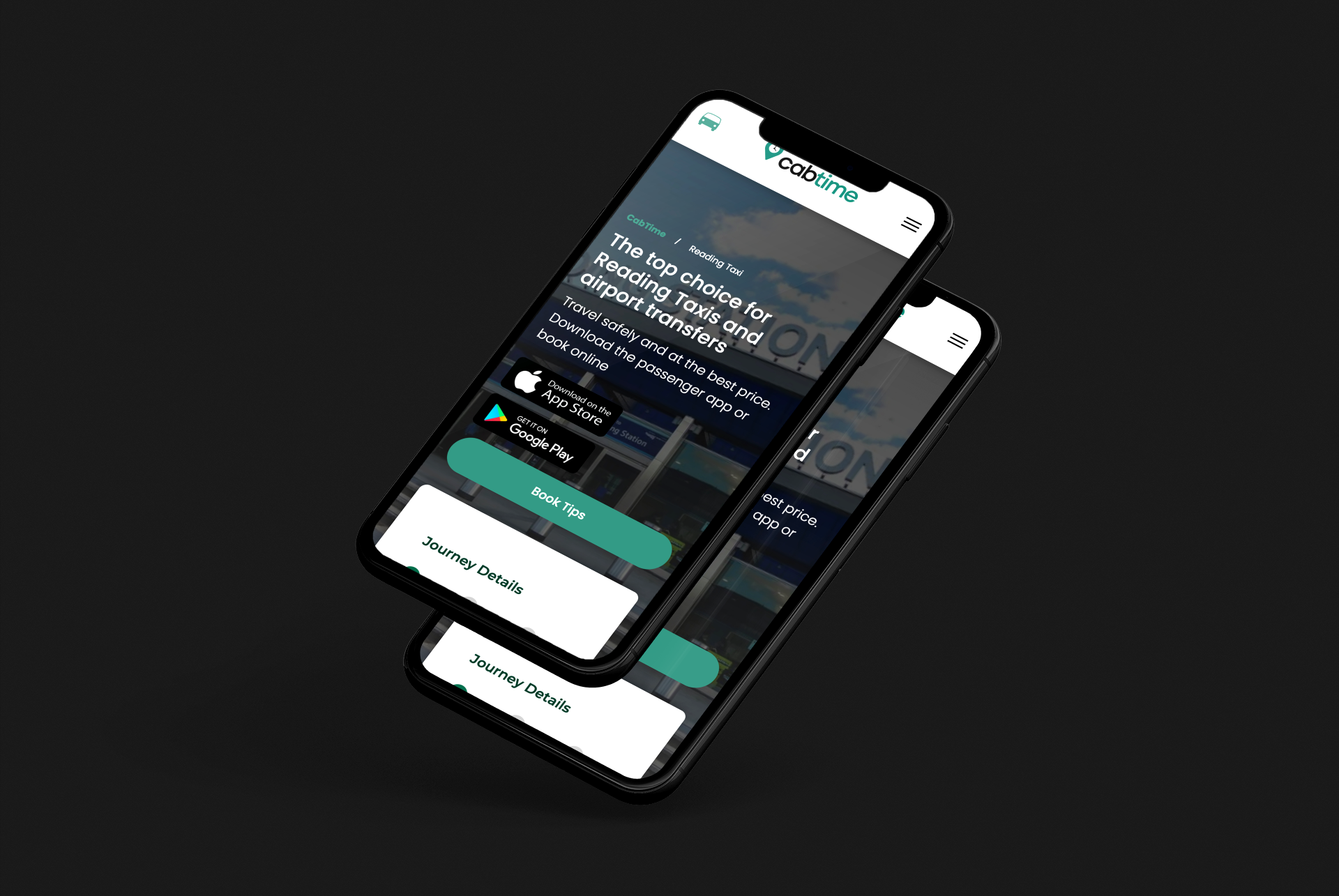 Two mobile phones are sitting on top of each other displaying the CabTime website