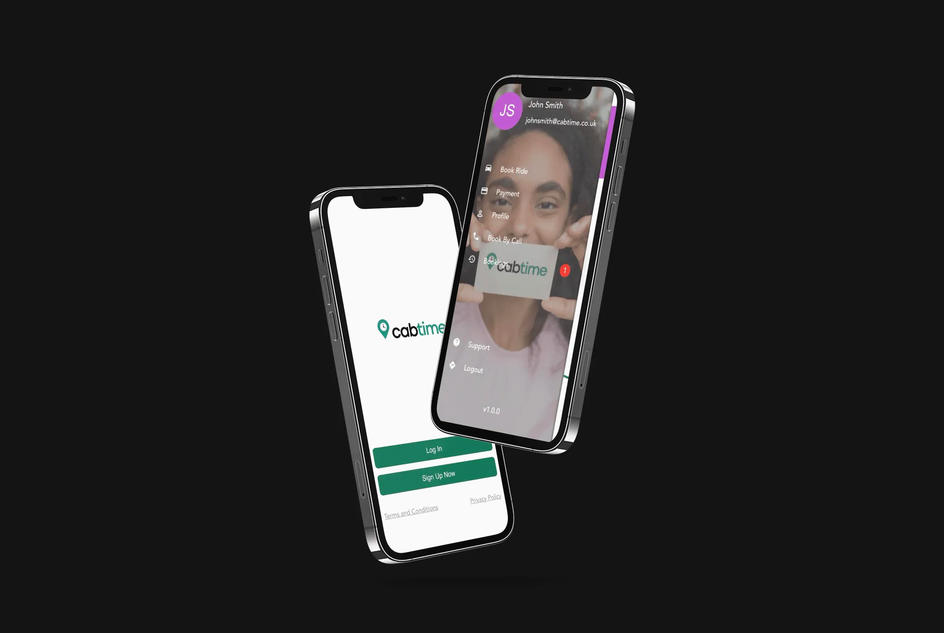 Two phones displaying the CabTime app