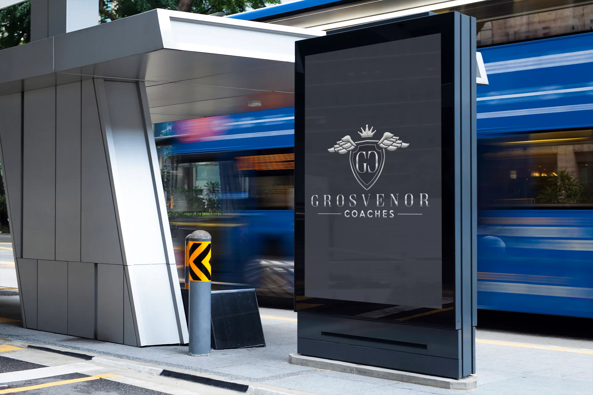 A sign with Grosvenor Coaches logo design