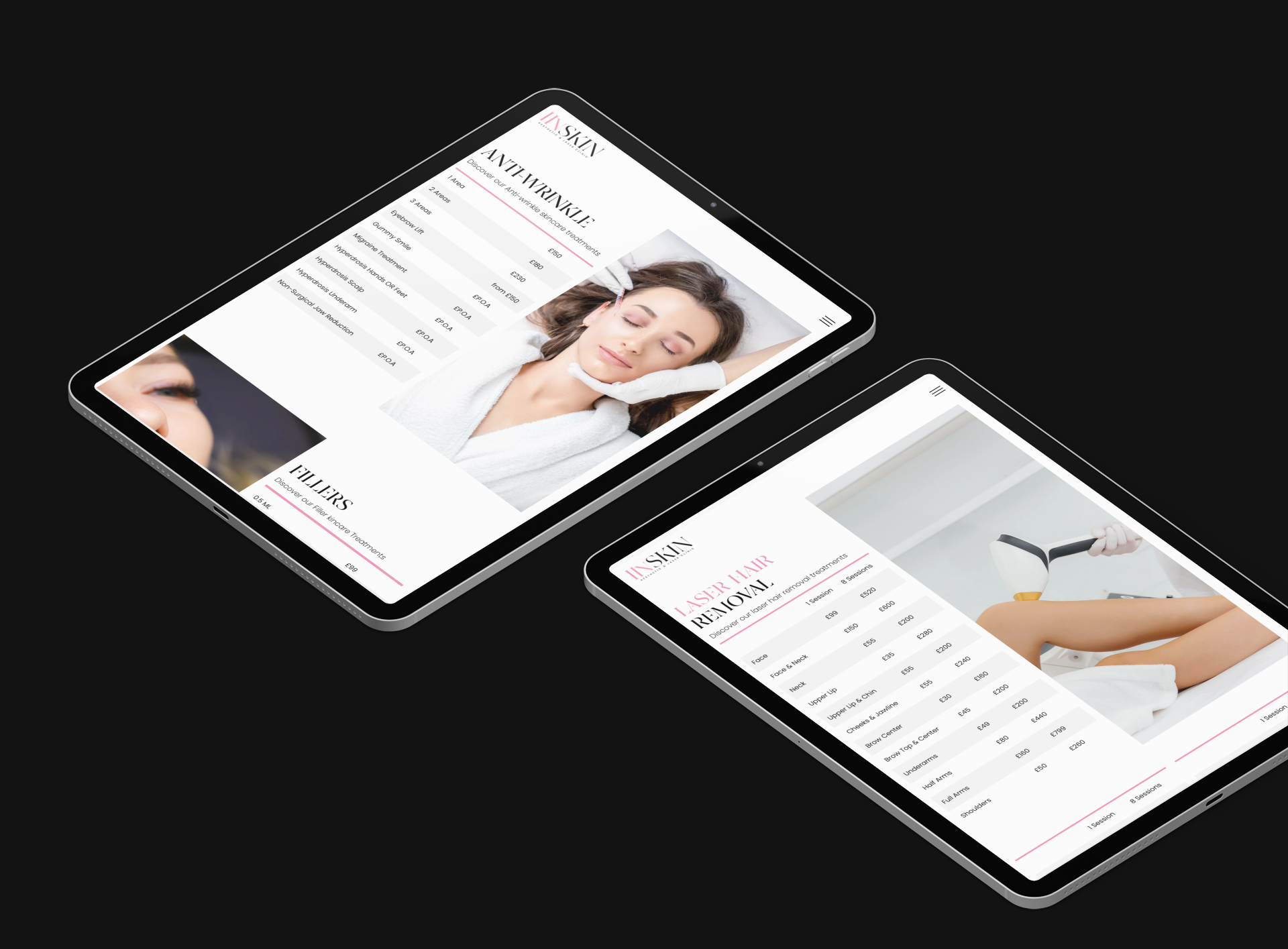2 tablets displaying the new iinSkin website pricelist page for Anti-Wrinkle and Laser Hair Removal treatments