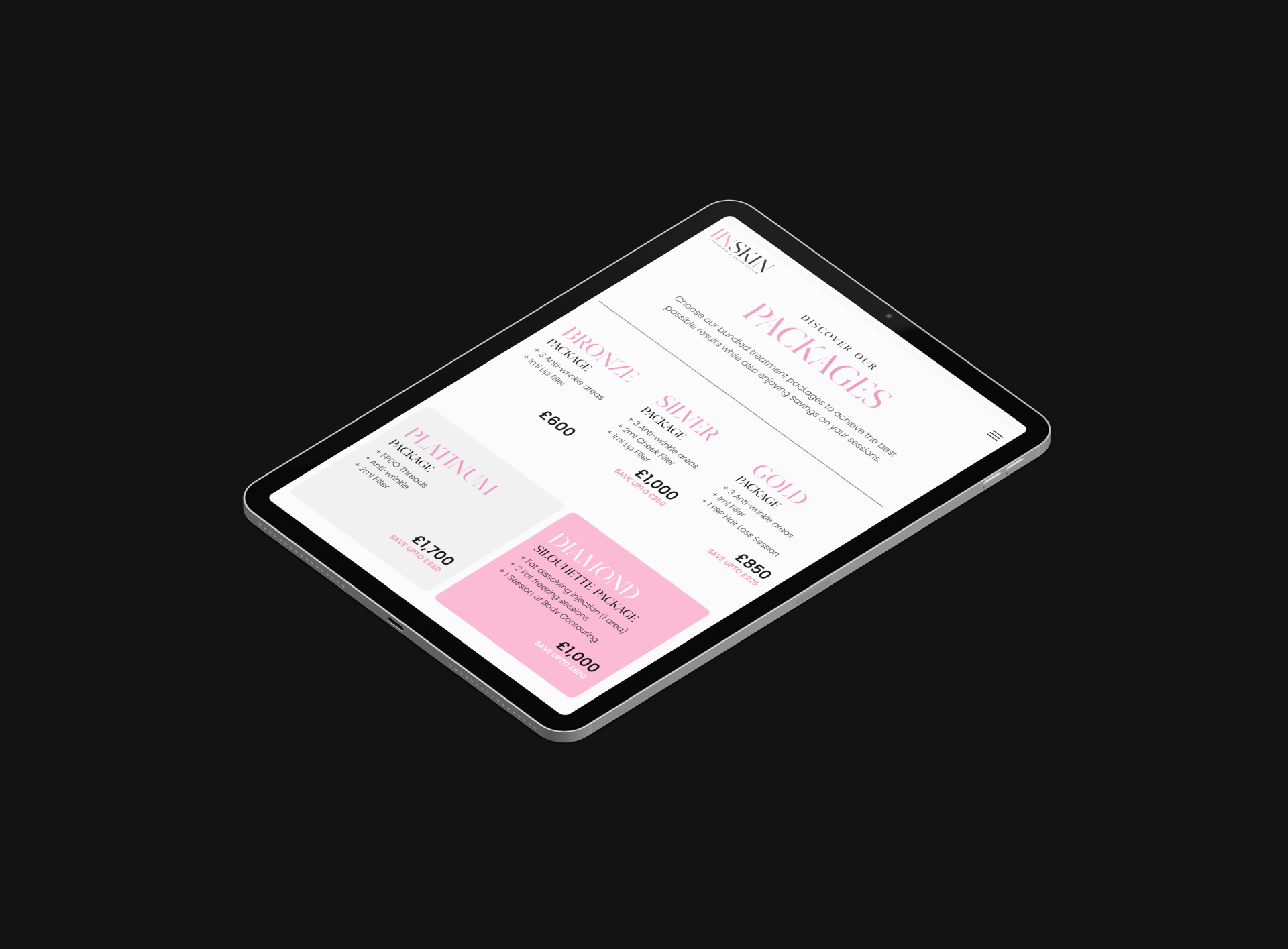 an isometric view of a tablet with a the iinSkin Website Packages page