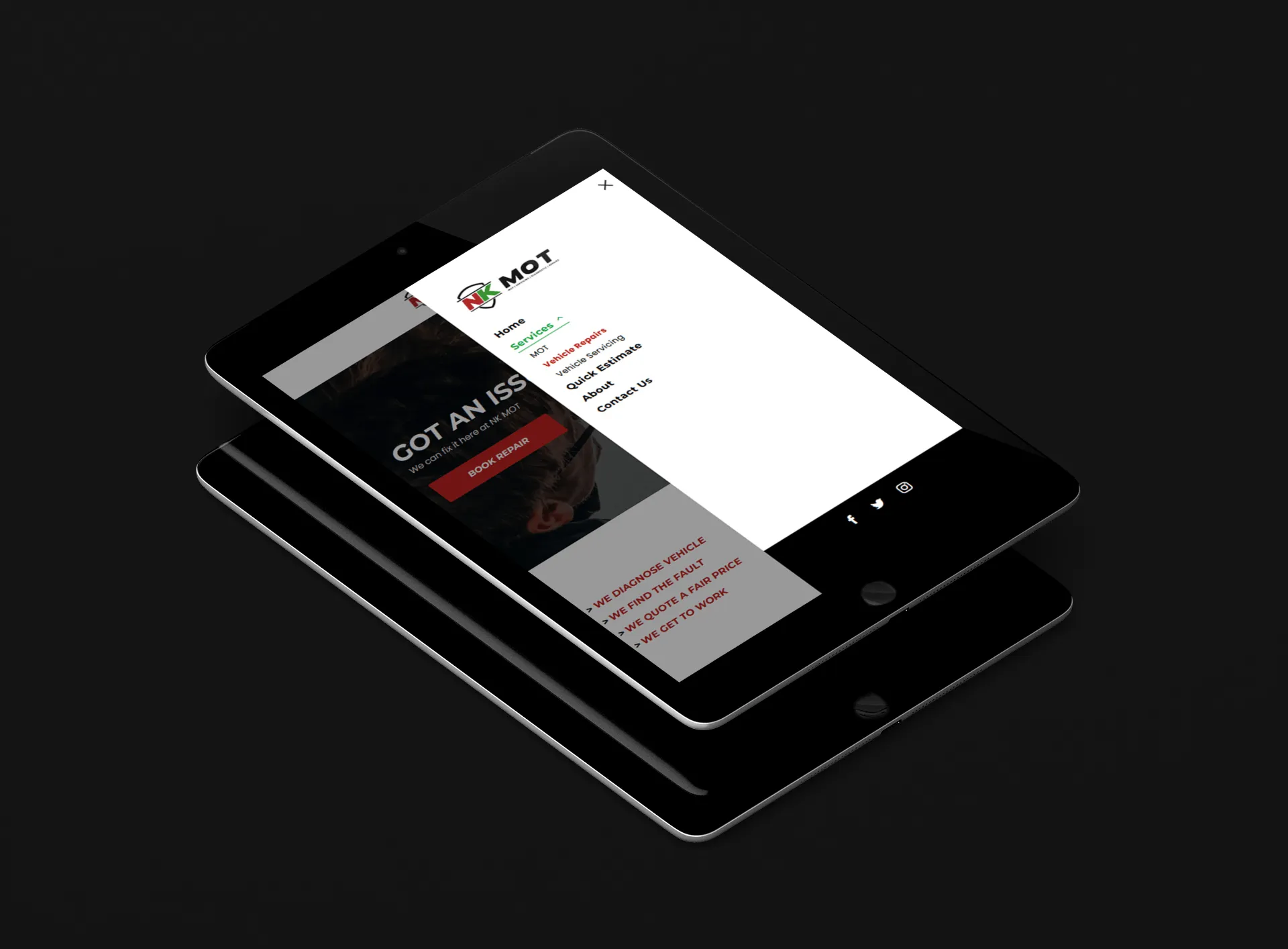 An Ipad displaying the NK Mot responsive website and navigation