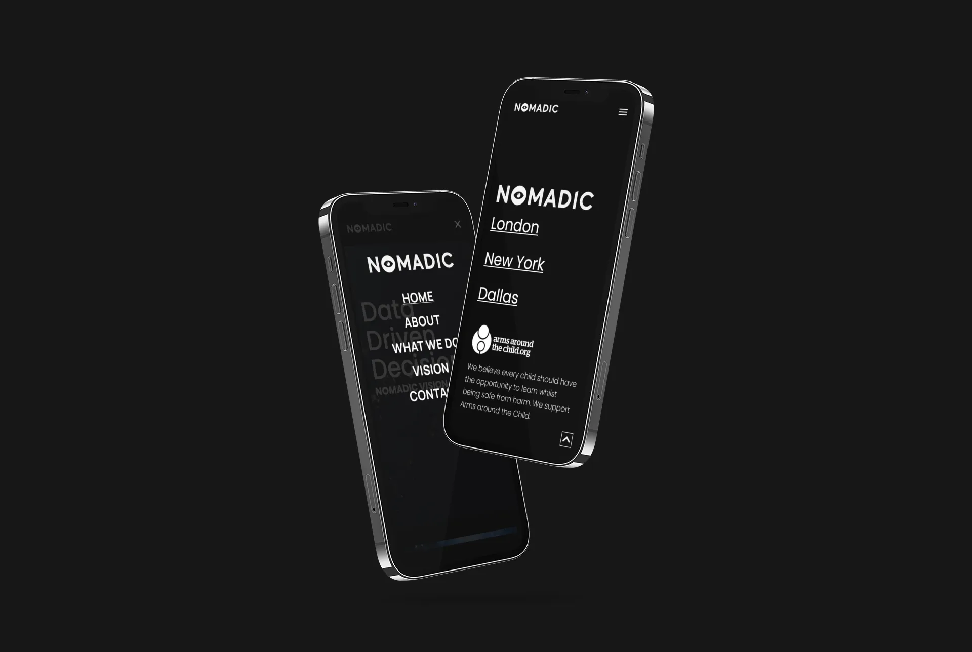 Two phones floating next to each other displaying Nomadic Vision new website