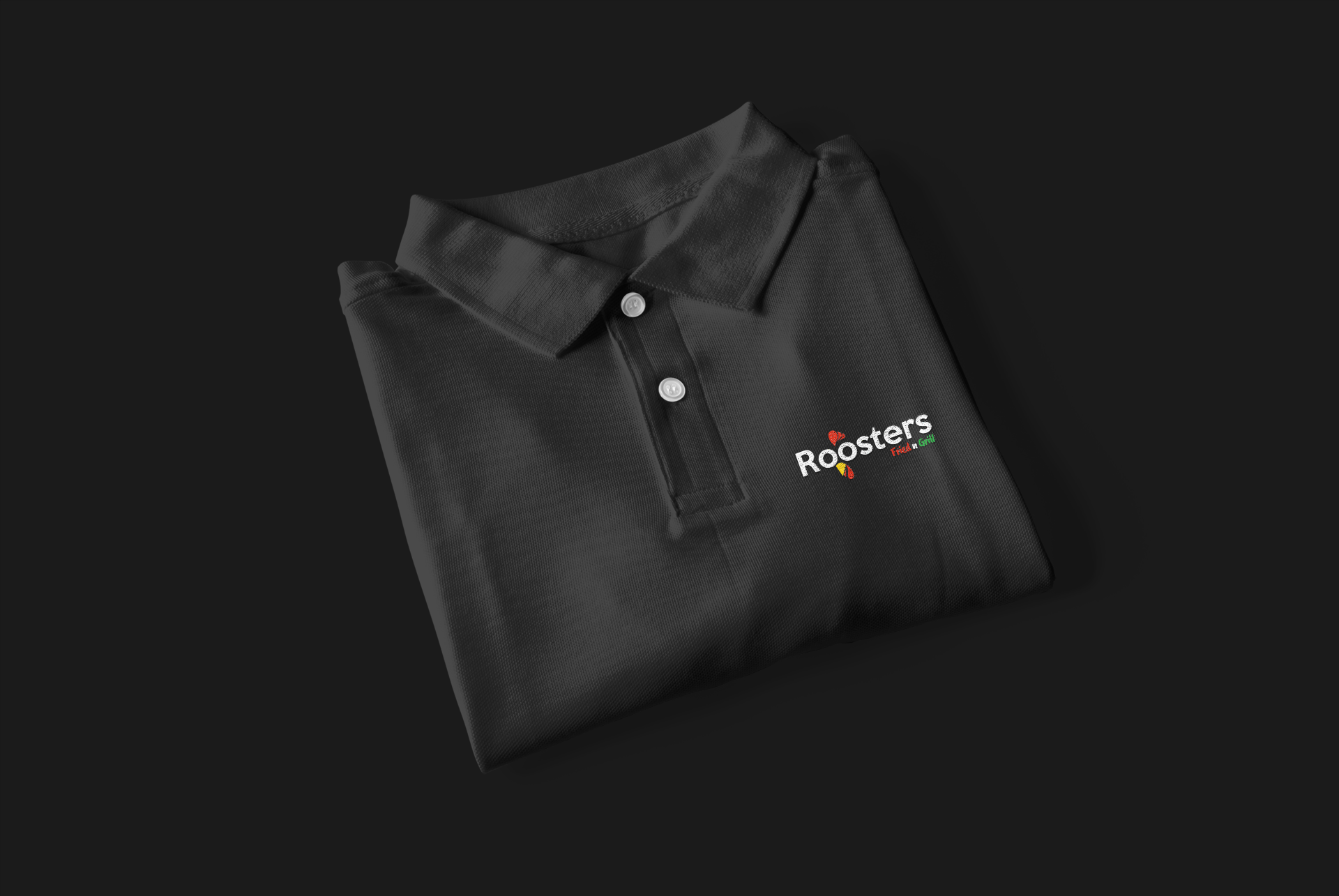 Black Roosters Fried n Grill polo t-shirt folded