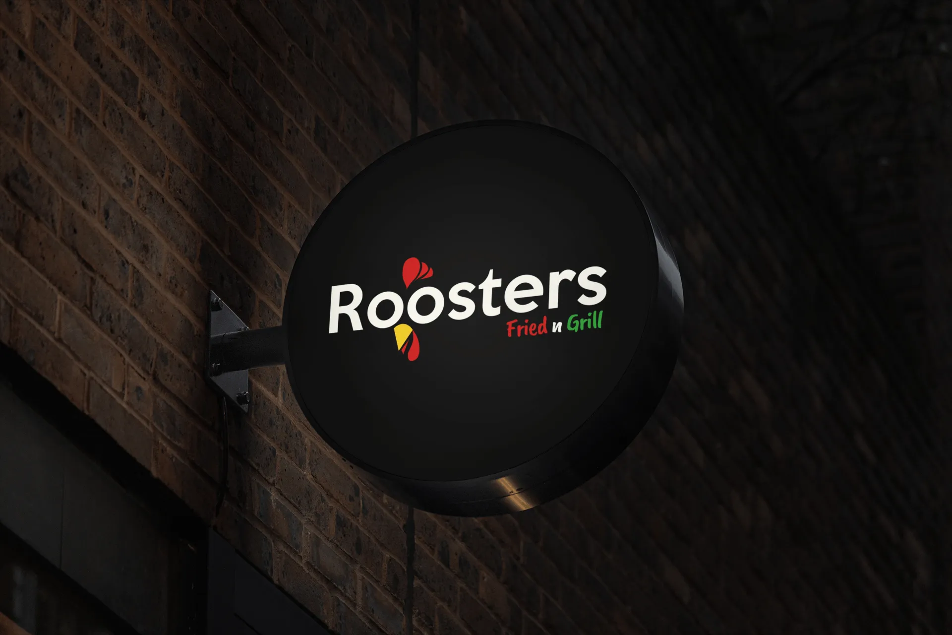 A black sign with the Roosters Fried n Grill Logo