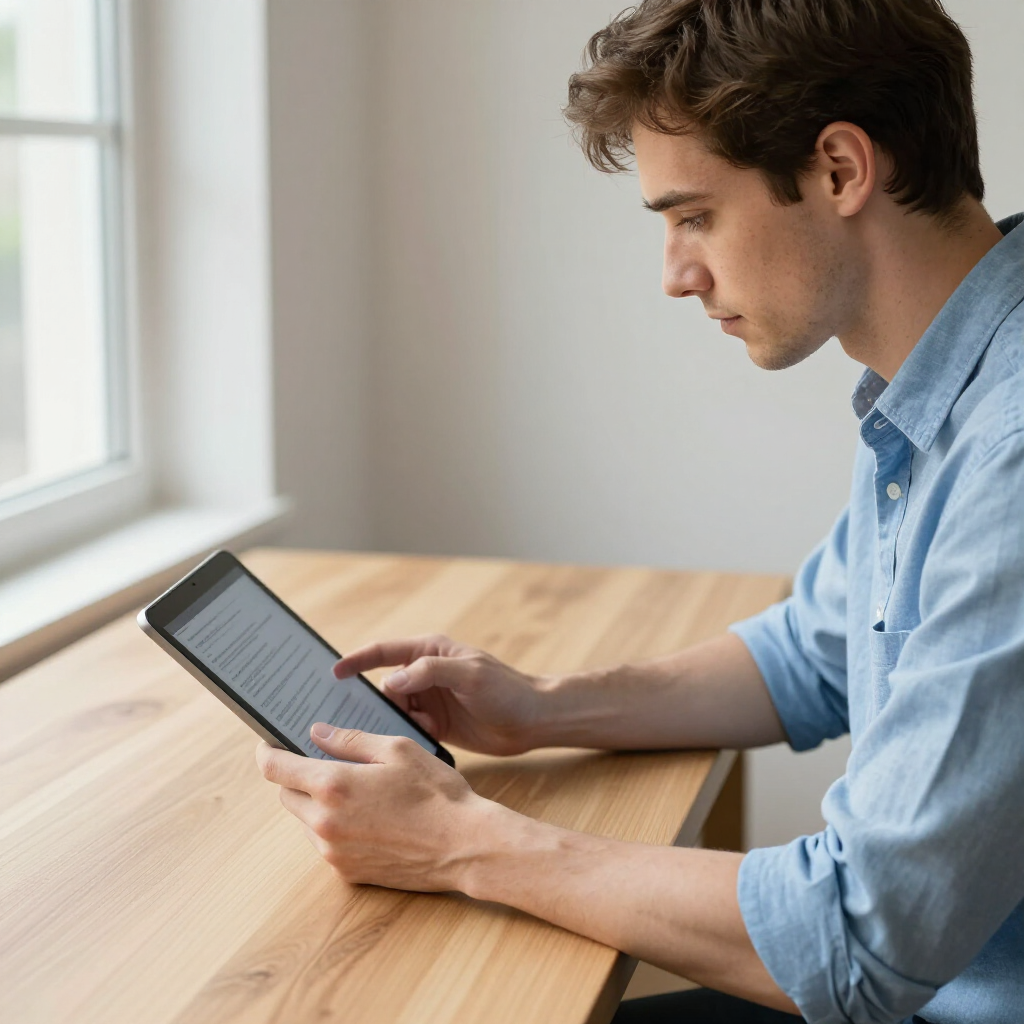A person in a light blue shirt sits at a wooden table near a window, focused on reading text on a tablet.