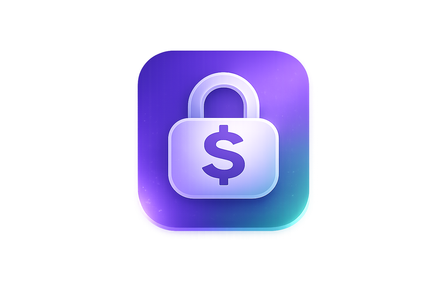 A glowing purple dollar sign centered inside a bright green shield on a dark, rounded purple background.