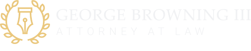 A logo for george browning attorney at law with a pen and laurel wreath.