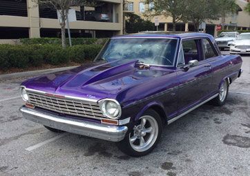 A purple car with a hood scoop is parked in a parking lot.