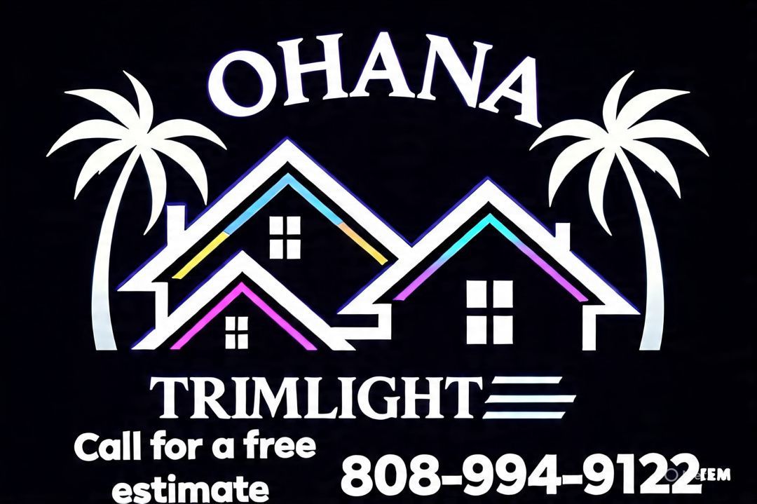 Logo for Ohana Trimlight featuring house silhouettes, palm trees, and phone number.