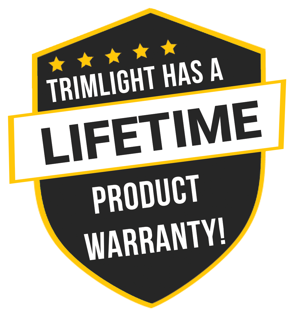 Trimlight product warranty badge. Black, gold and white shield with 
