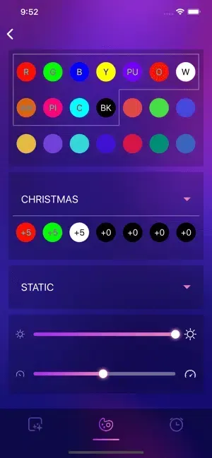 Mobile app interface with color selection buttons and light controls.