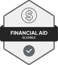 Badge: Financial Aid Eligible, blue banner, building icon, dollar sign.
