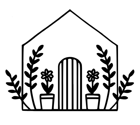 A black and white drawing of a greenhouse with potted plants and leaves.