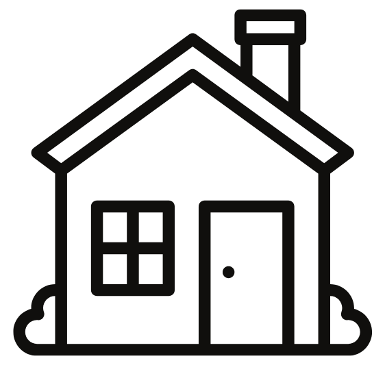 A black and white drawing of a house with a chimney.