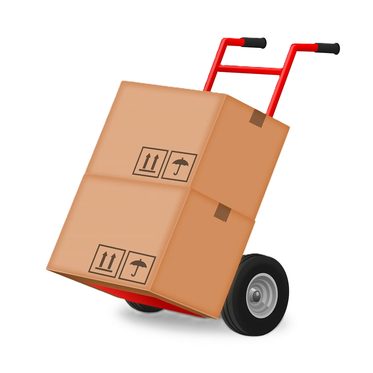 A hand truck with two cardboard boxes on it