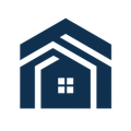 A blue and white icon of a house with a window.