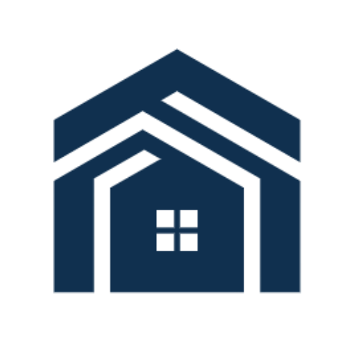 A blue and white icon of a house with a window.