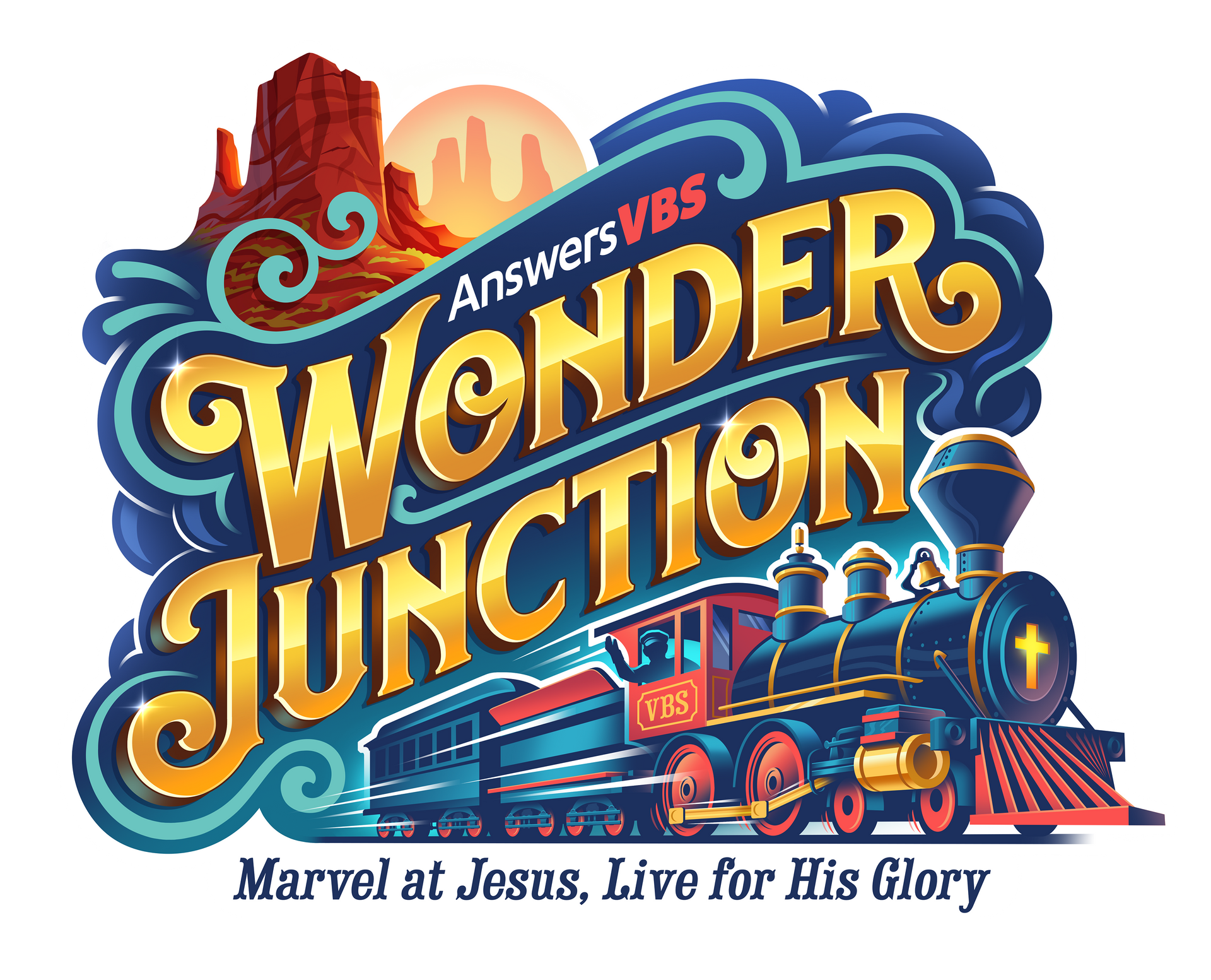 A logo for wonder junction with a train in the background