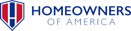 Homeowners of America logo: shield with red and blue elements, blue text.