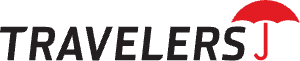 Travelers insurance logo with black text and a red umbrella icon.