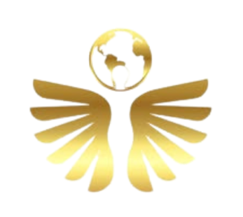 Gold globe above stylized golden wings.
