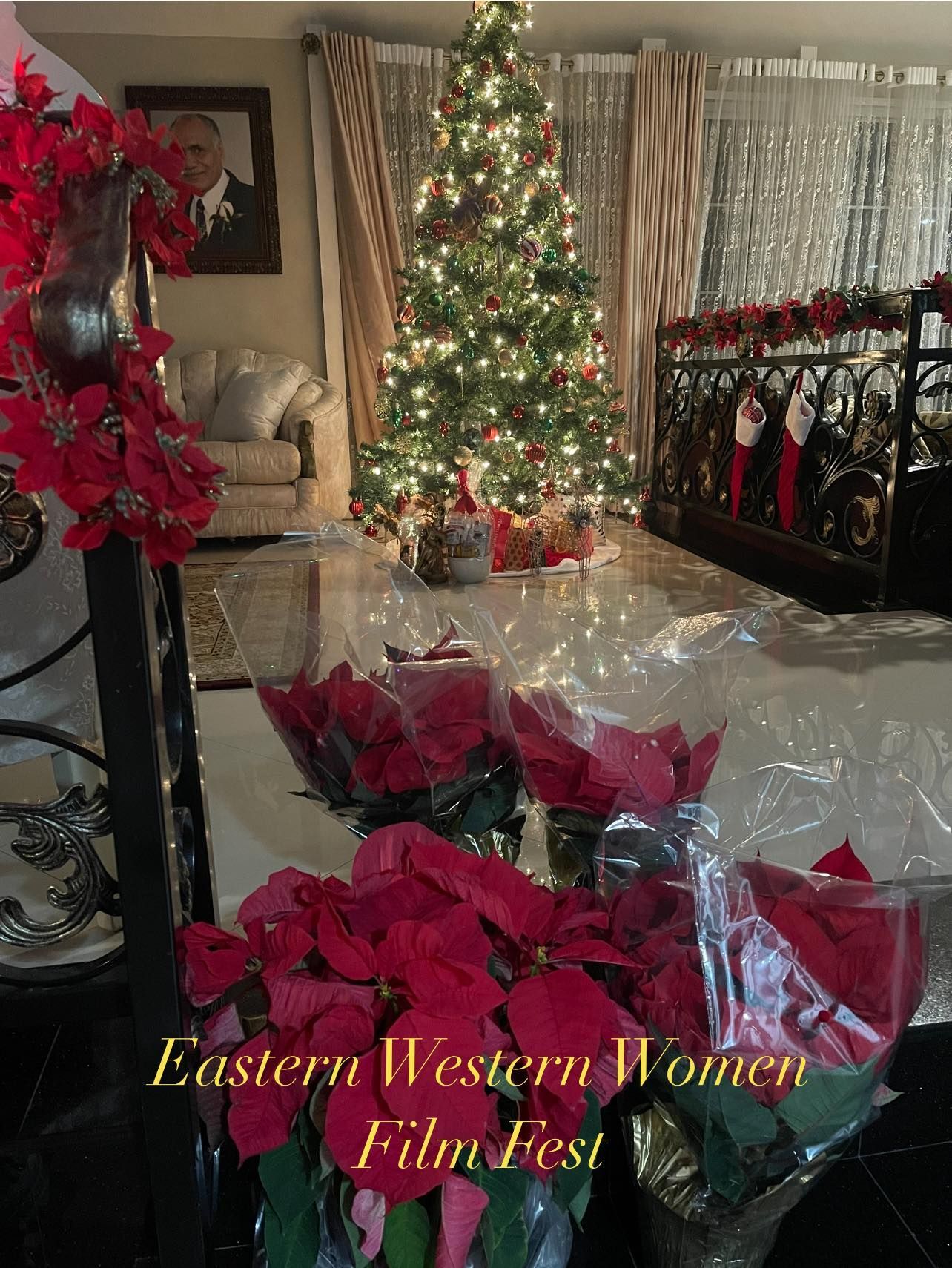 Christmas tree, poinsettias, and stockings in a decorated living room with 