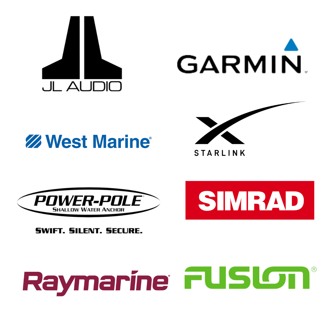 Logos of trusted marine electronics and marine service brands including Garmin, Simrad, Raymarine, JL Audio, Fusion, Power-Pole, Starlink, and West Marine