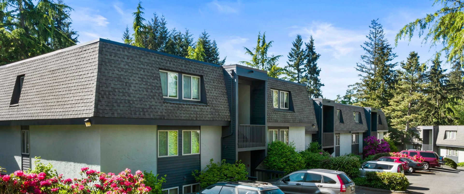 a row of apartment buildings with cars parked in front of them .